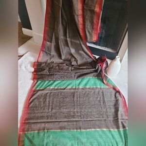 Elegant Brown and Green Pure Cotton Saree with Red Zaree Border